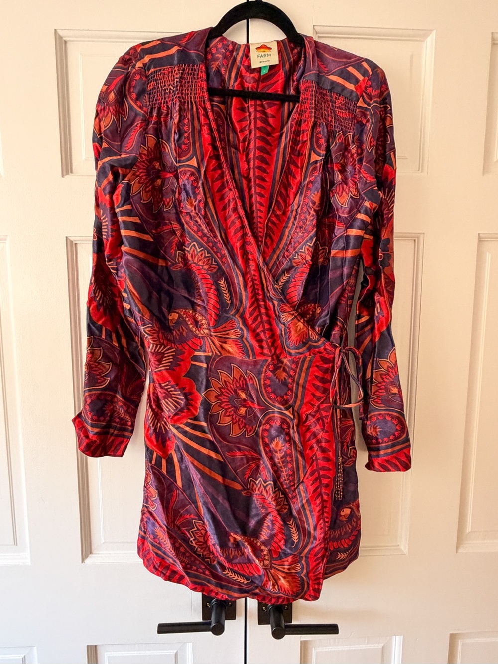 Farm Rio Red & Purple Floral Wrap Dress with Beaded Tie Waist